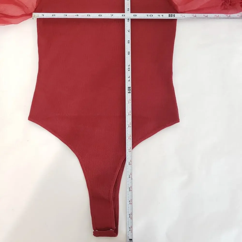 NEW!! ASTR The Label SIZE L Red Puff Sleeve Bodysuit Women Wine AT15988 Holiday